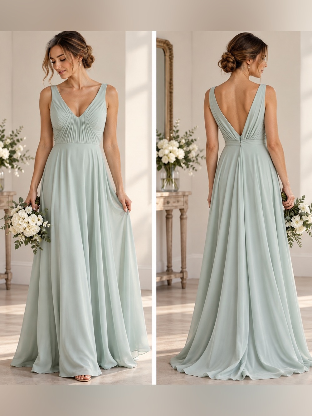 Brideside Sage Green V Neck Pleated Bridesmaid Wedding Maxi Dress Size 0